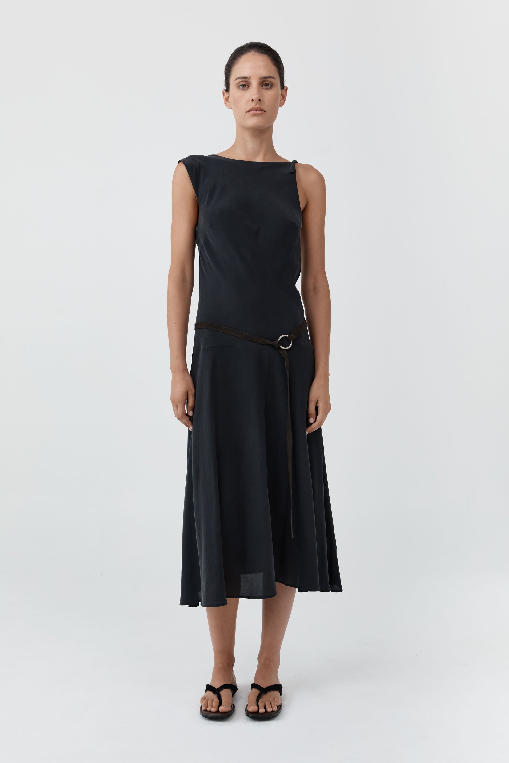 St Agni Silk Drape Back Midi Dress