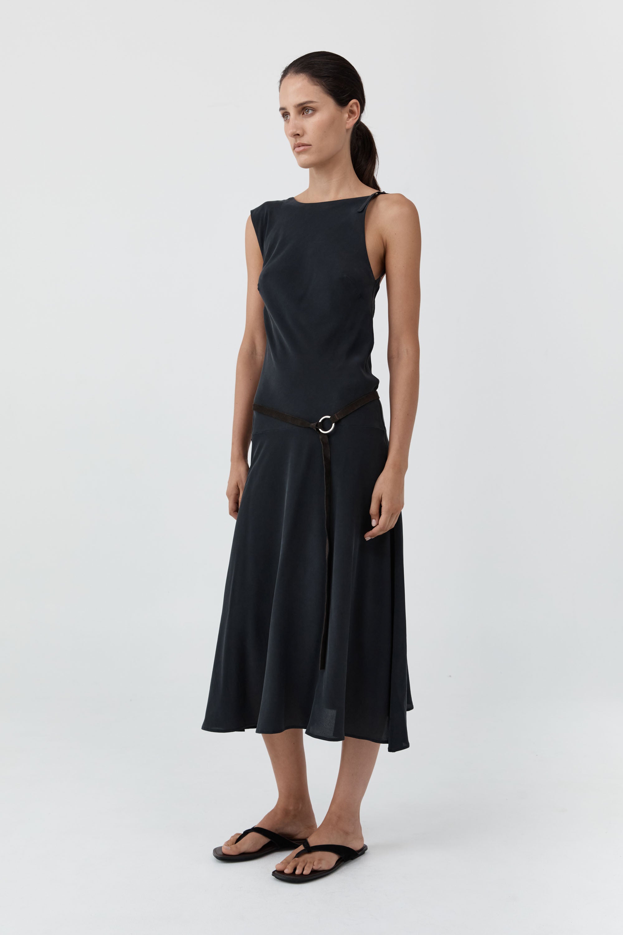 St Agni Silk Drape Back Midi Dress