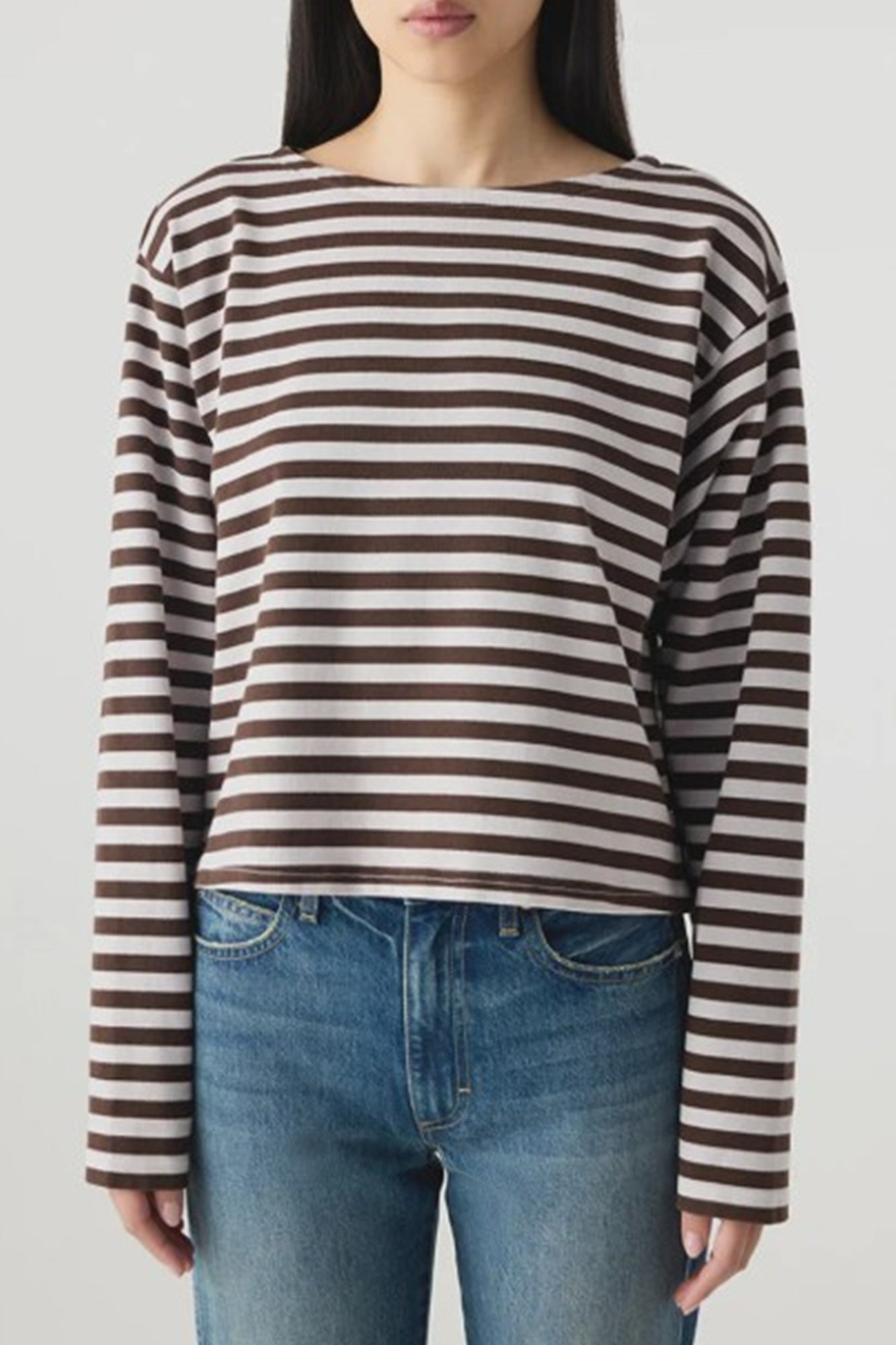 Image of a model wearing the Amo Hepburn Striped Tee