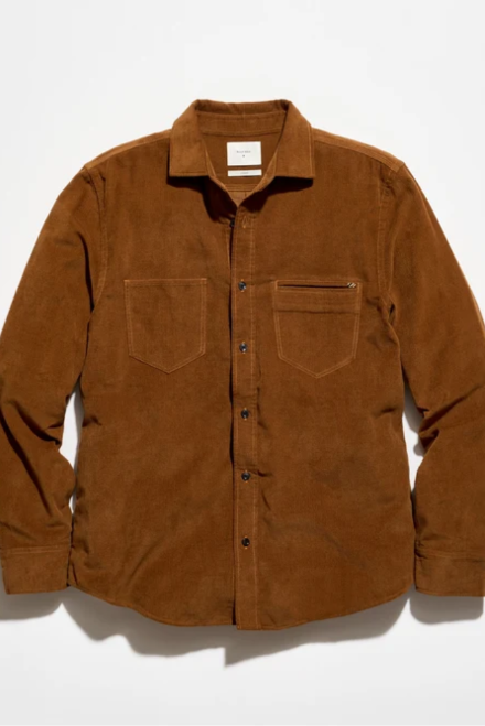 Billy Reid Moleskin Cochran Shirt flat lay in brown with contrast stitching, welt and patch chest pockets