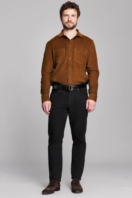 Billy Reid Moleskin Cochran Shirt in rich brown cotton with two chest pockets, worn tucked with black trousers