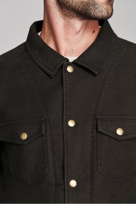 Close-up of a man wearing a dark brown corduroy overshirt with gold-tone snap buttons and chest pockets, paired with a white undershirt.