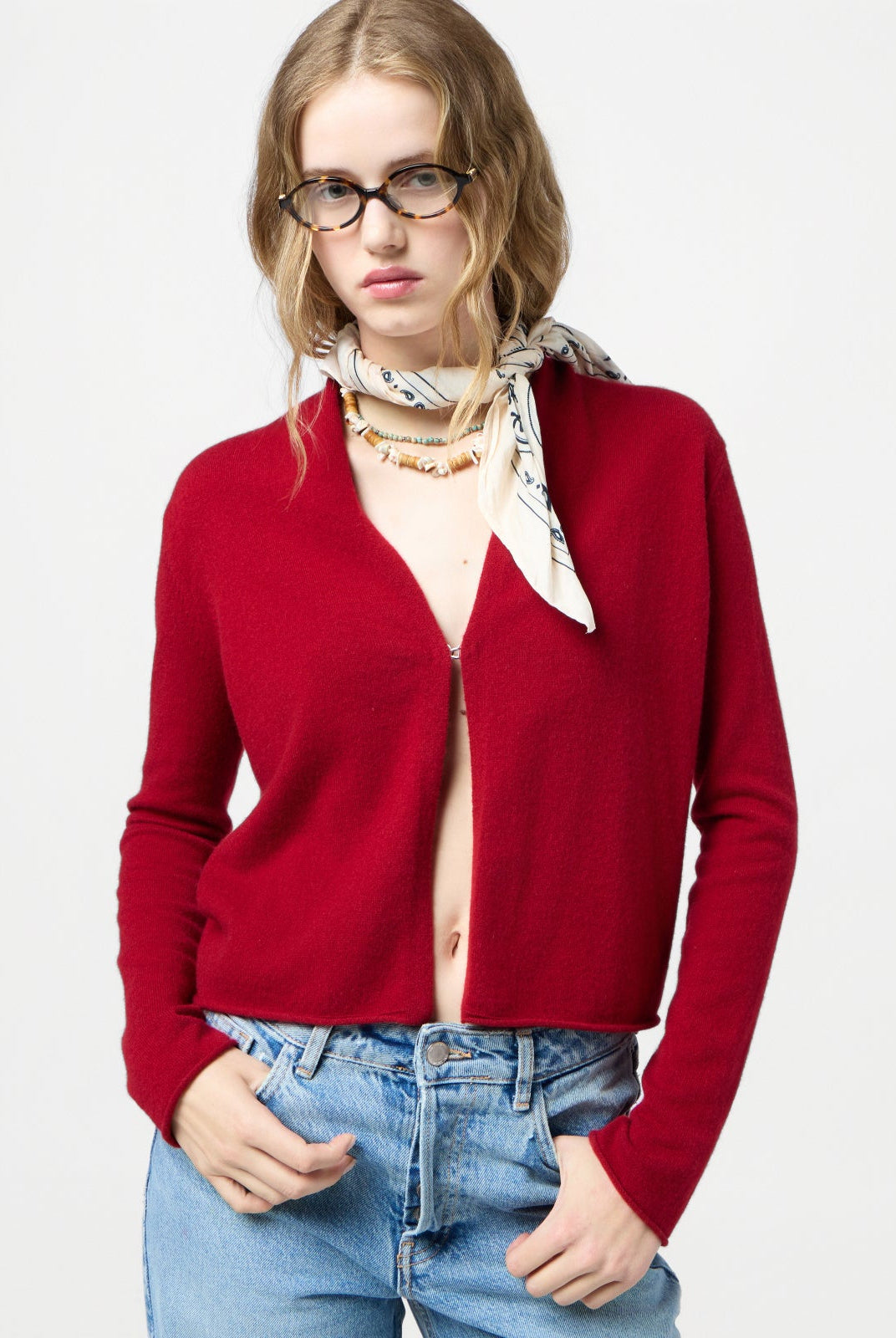 image of a woman wearing the Guest in Residence Stealth Cardigan in Red