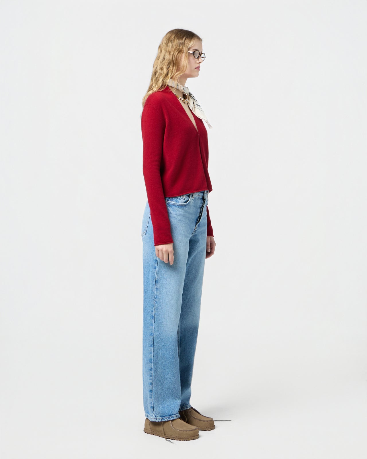 image of a woman wearing the Guest in Residence Stealth Cardigan in Red
