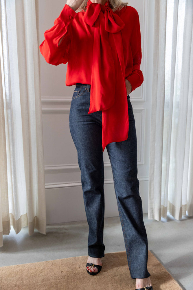 Dagmar Chiffon Scarf Blouse in red viscose styled with Dagmar Straight Leg Denim in raw blue, worn front view