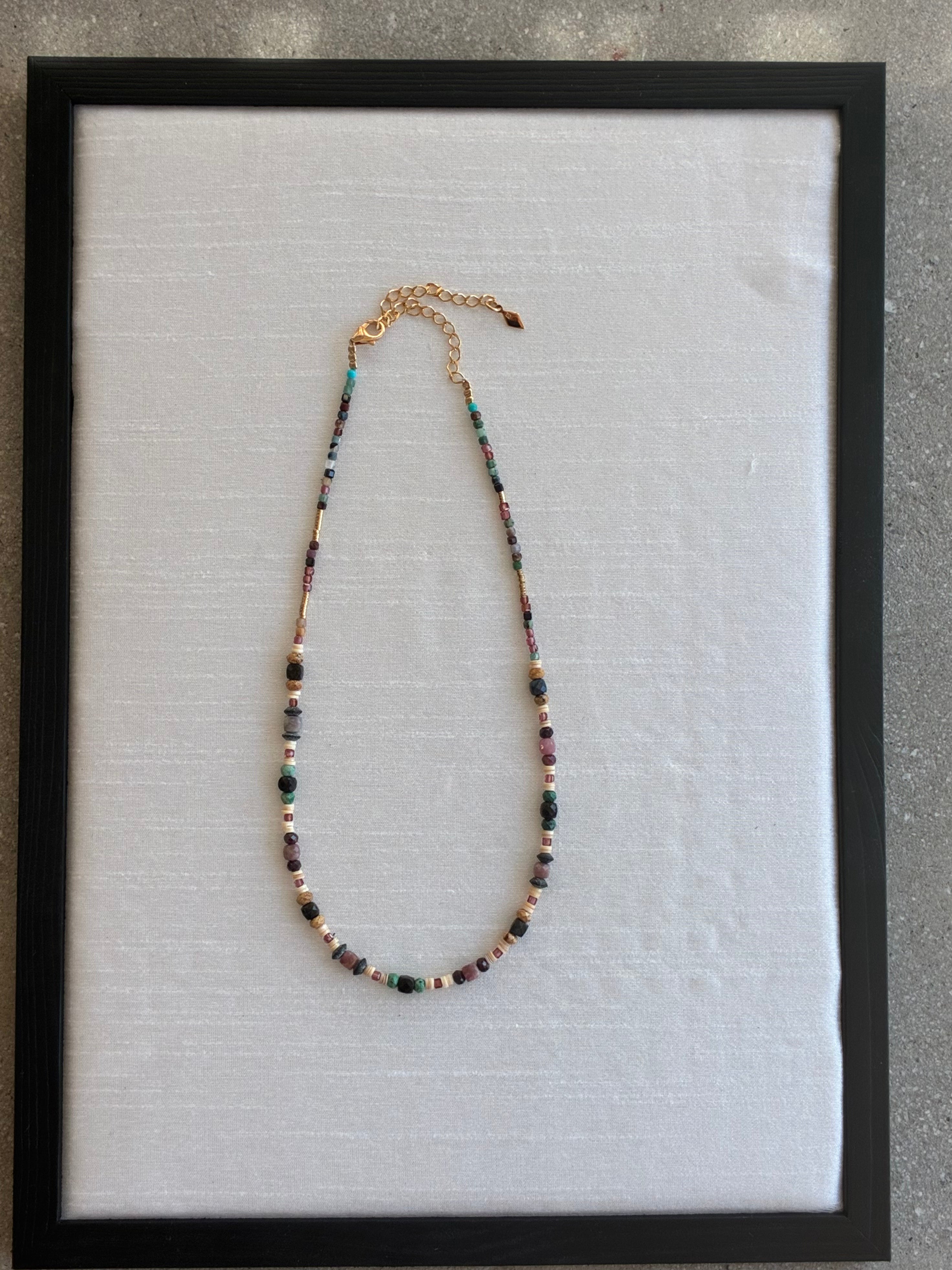 Gachon Pothier Mini Diego Tubes Necklace with semi precious stones and 18kt gold plated hardware.