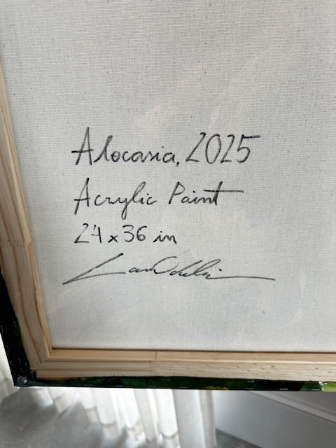 Canvas with signature and text indicating artist's name, year, medium, and dimensions.