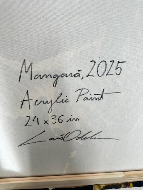 Signature on a painting with details about the artist and dimensions.