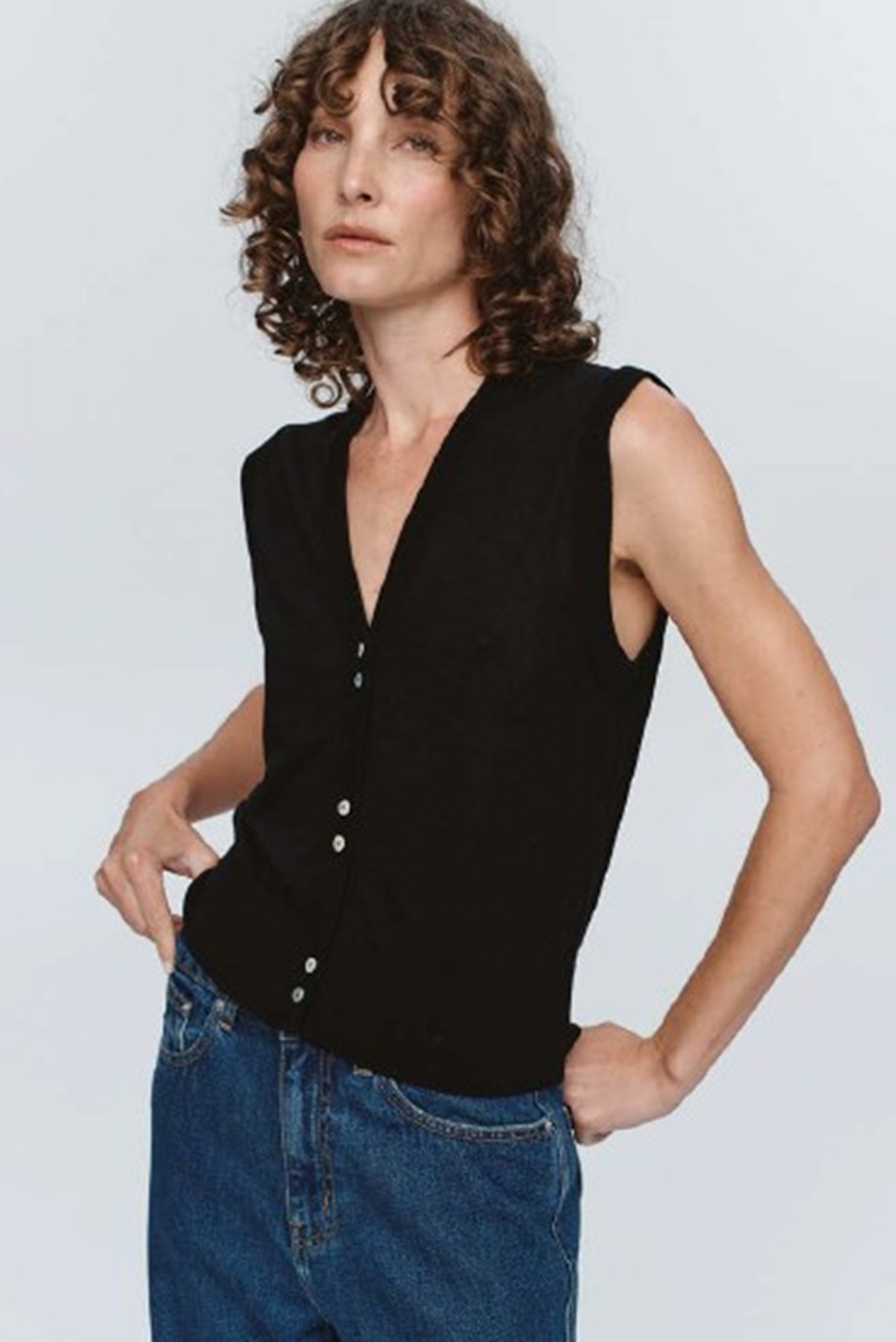 model wearing the marle foundations vest and rachel comey wolcott pants