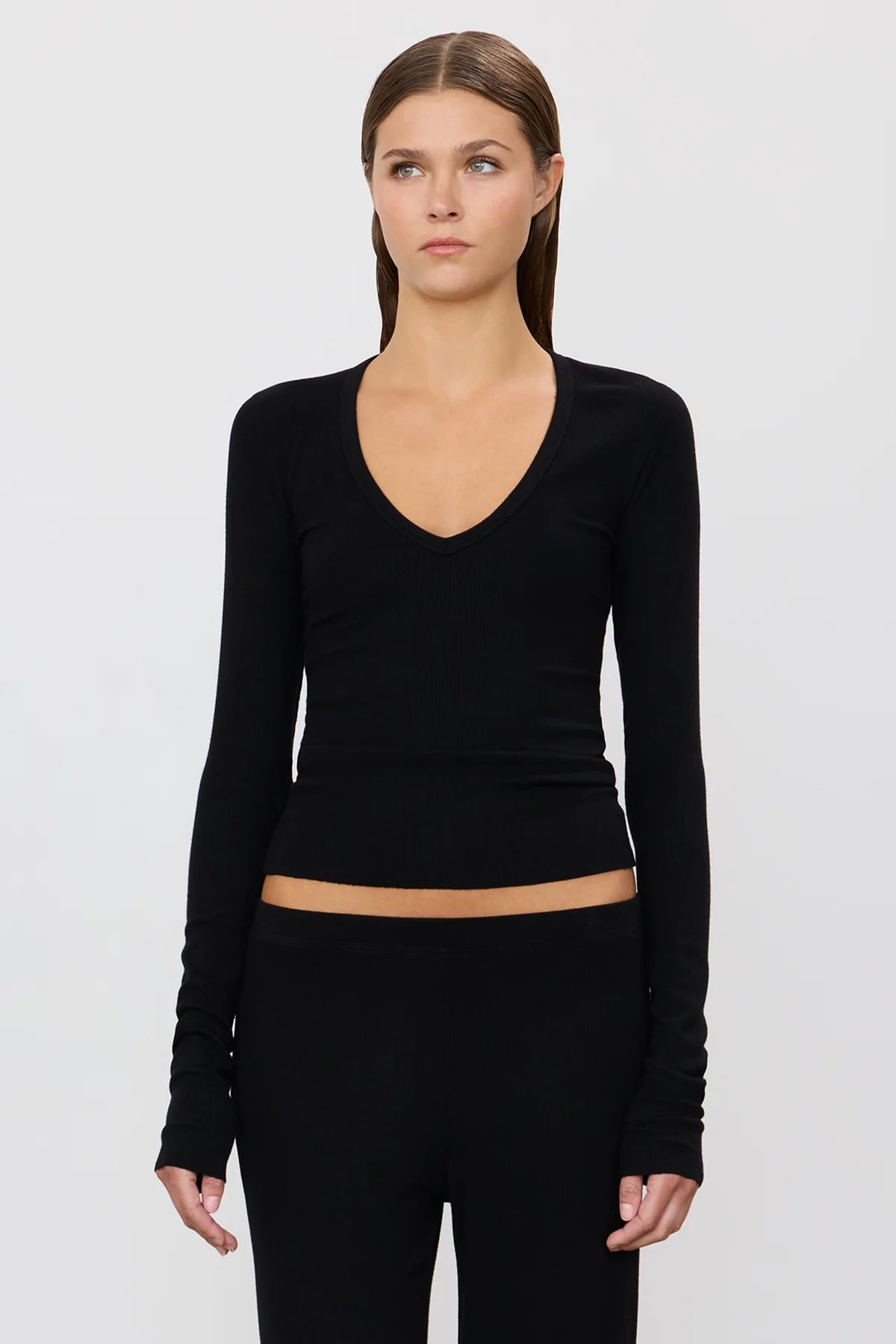 Eterne Long Sleeve V-Neck Top-Black