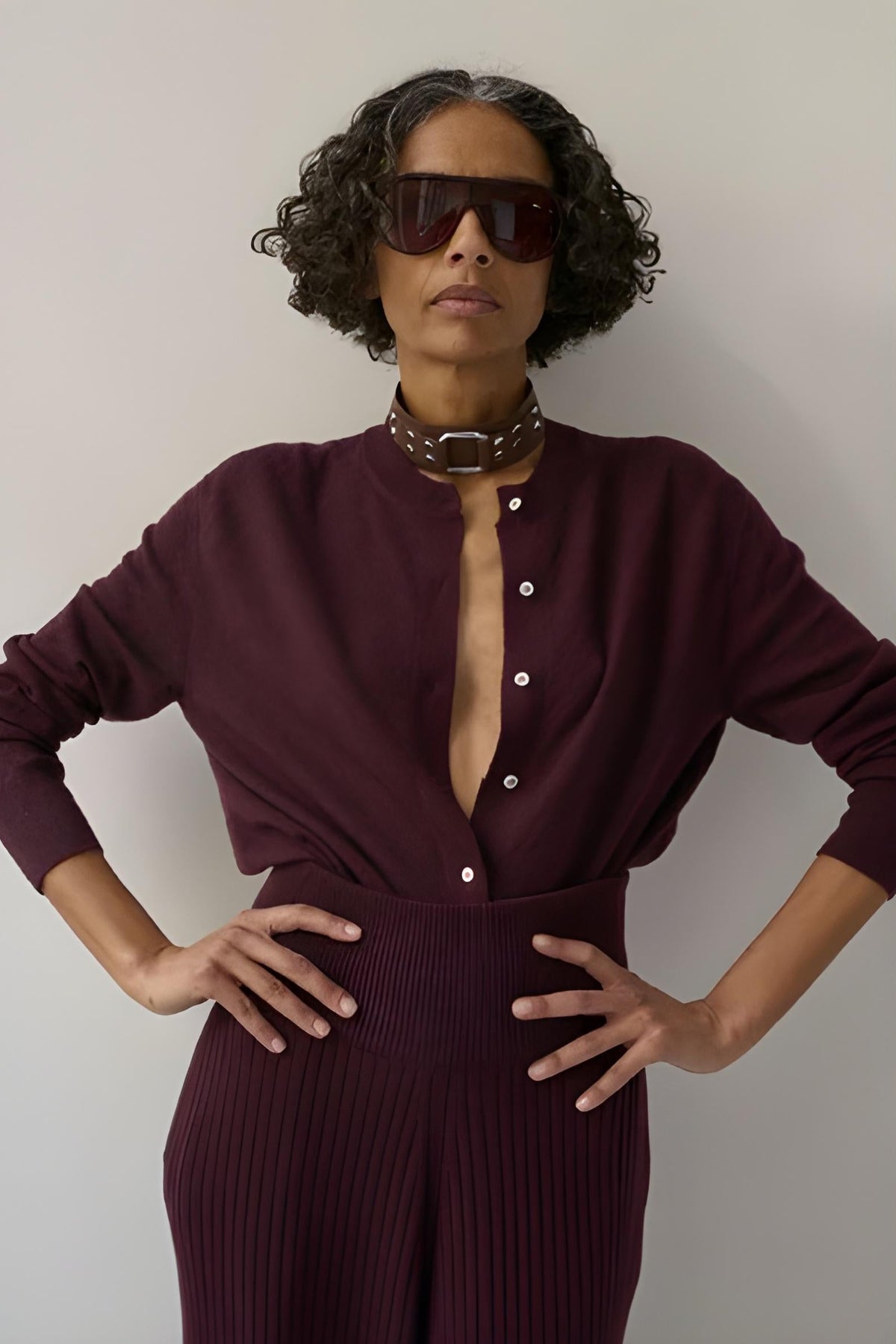 Model wearing Rachel Comey Matin Cardigan standing against a white background