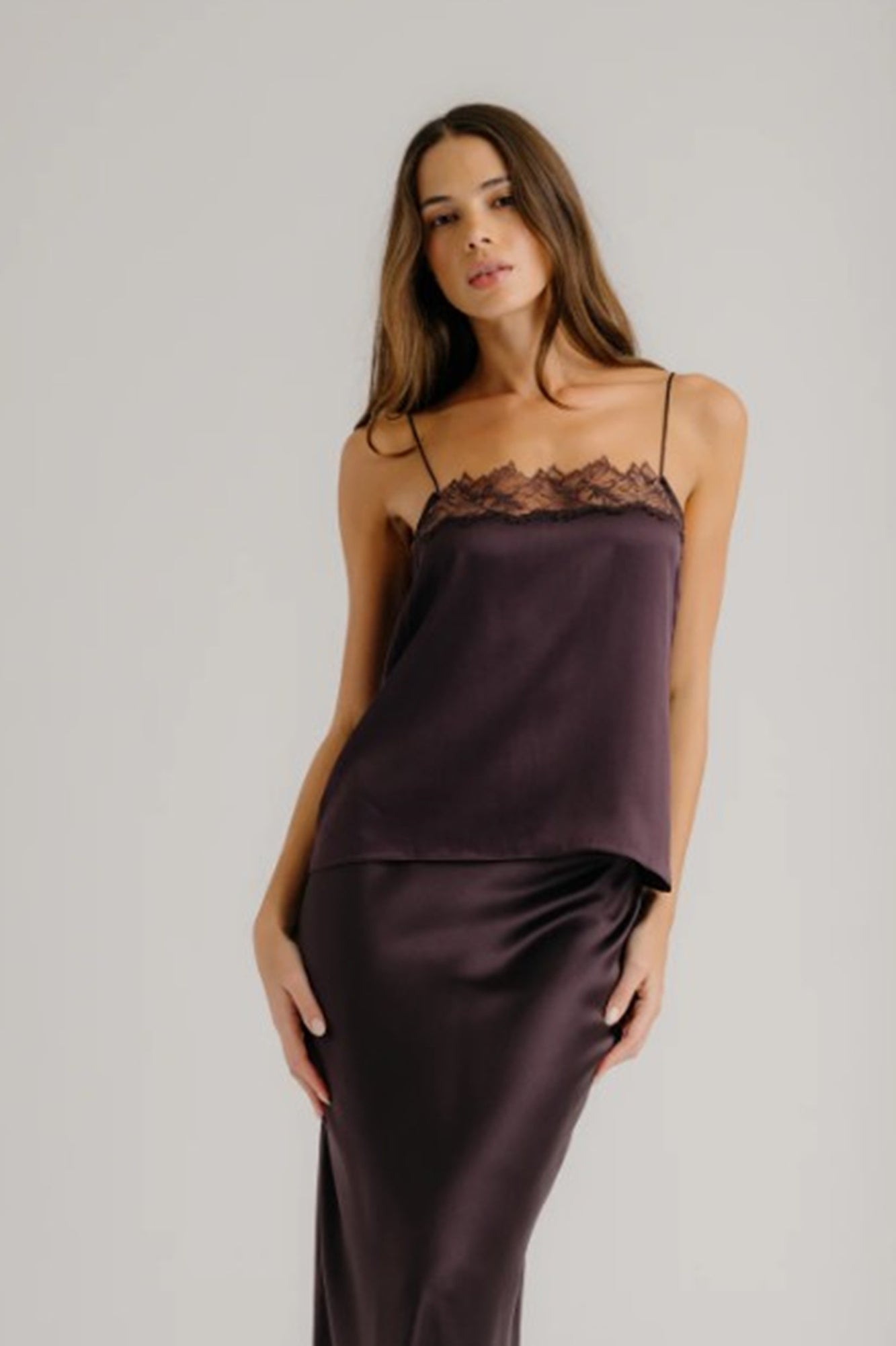 image of a model wearing the Sablyn Haya Lace Camisole in Oak Tree