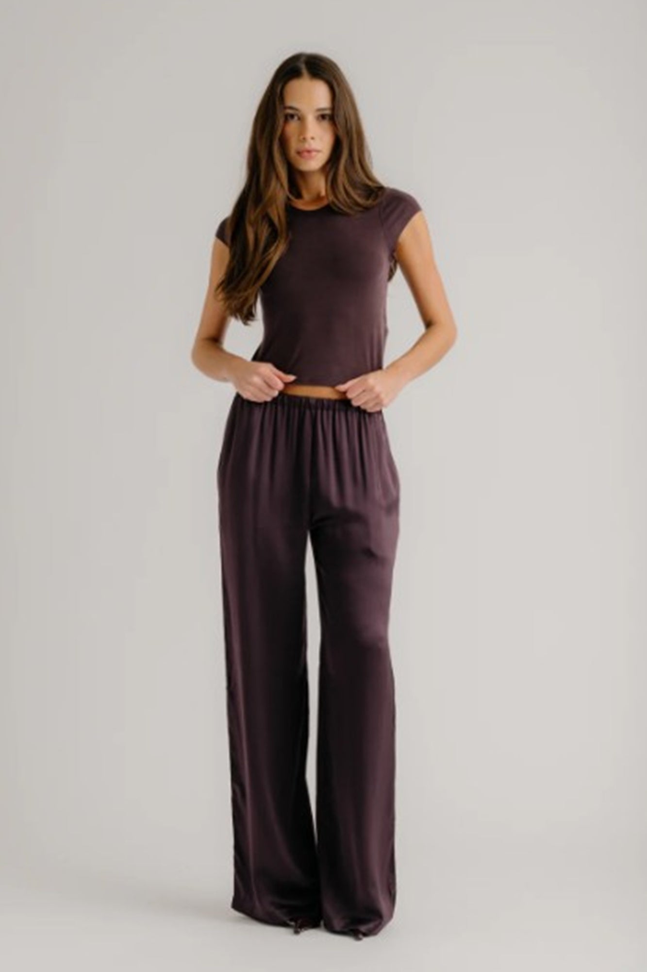 Image of a model wearing the Sablyn Lexi Silk Pants in Oak Tree