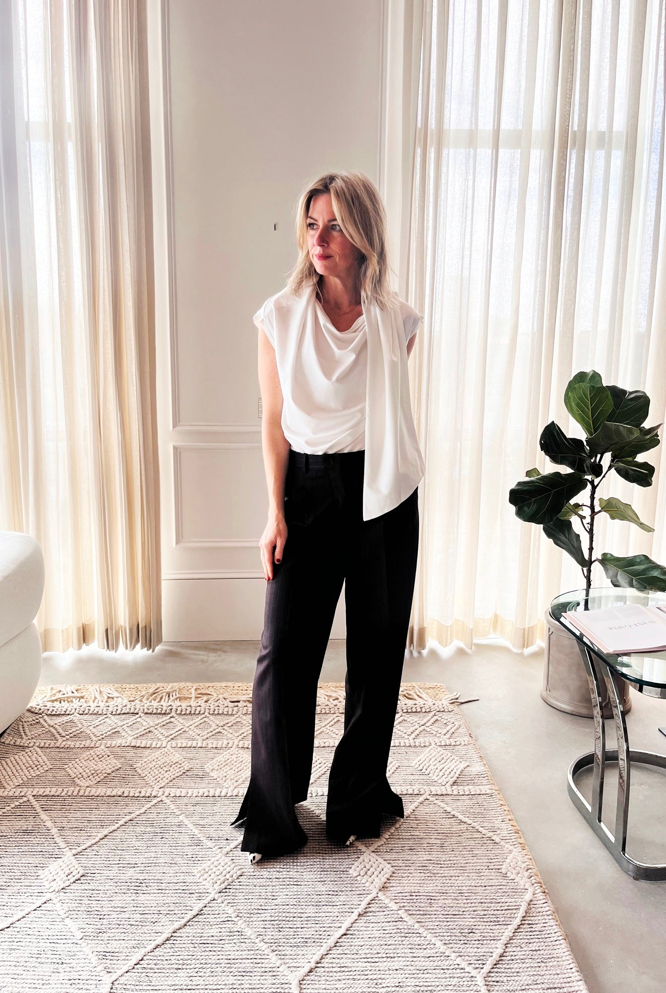 image of a woman wearing the Garment Scarf tee and Andora Pants
