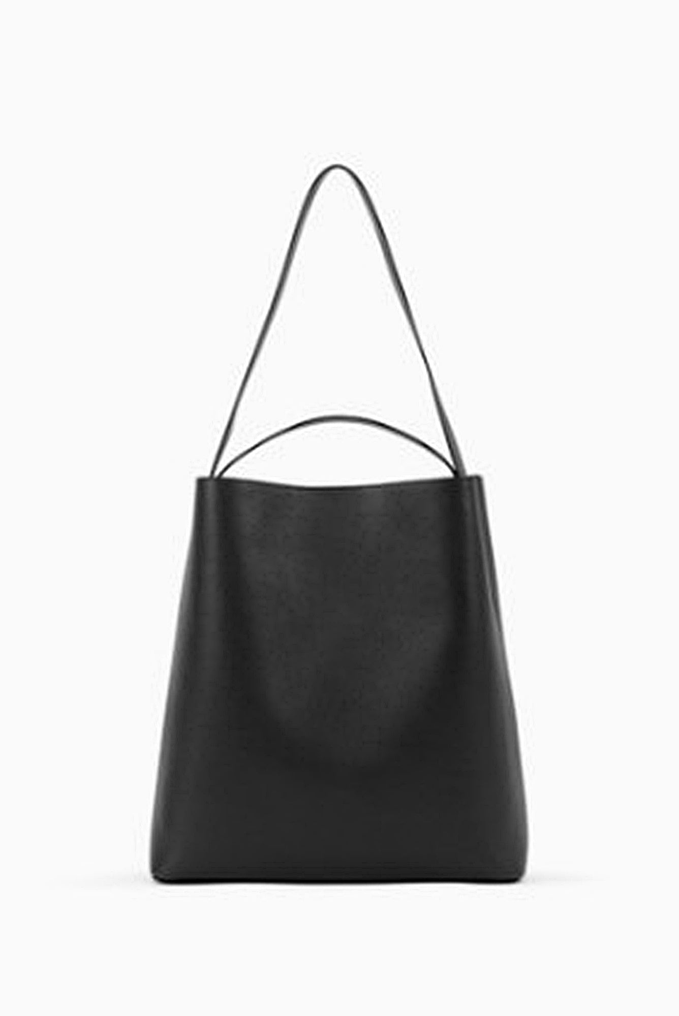 Black leather tote bag on a white background