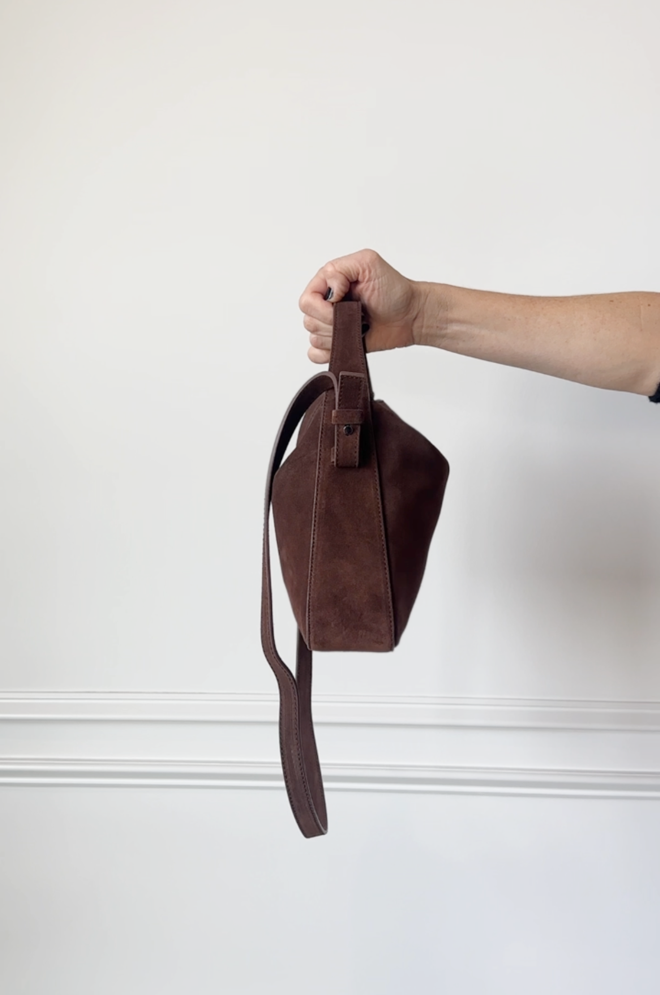 image of the aesther ekme soft baguette crossbody bag in suede cocoa