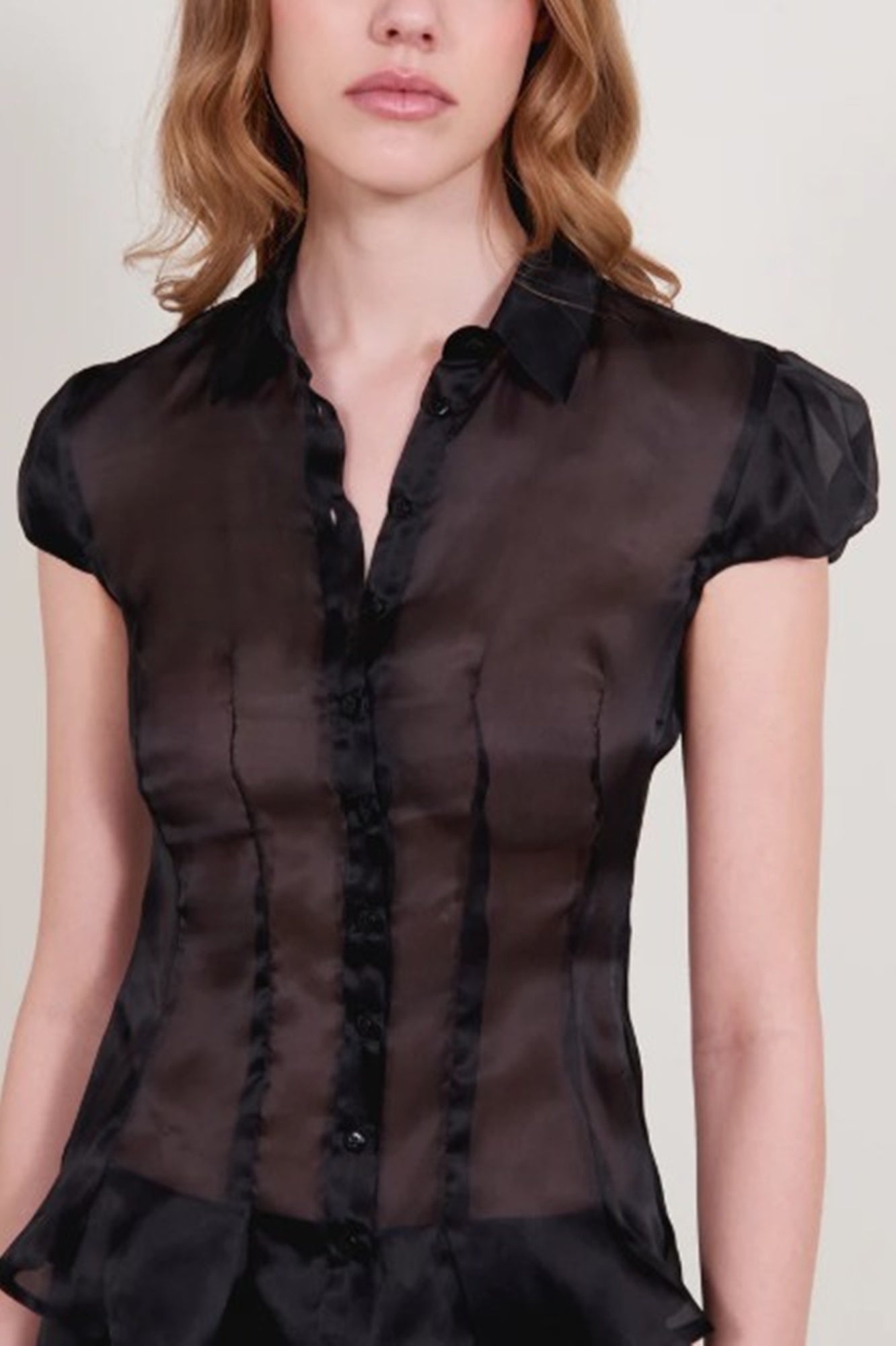 close up image of a model wearing the Alfie Abby shirt in organza