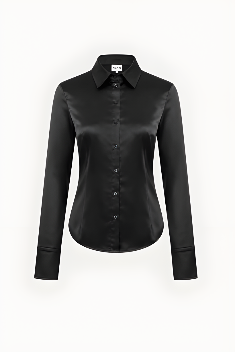 Alfie Cami Shirt in Black, fitted long-sleeve black satin button-up with pointed collar and curved hem, flat front view