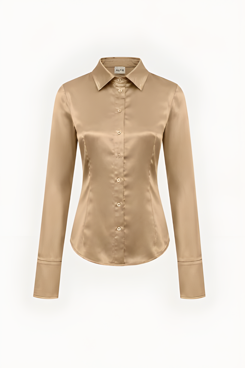 Alfie Cami Shirt in Gold, fitted long-sleeve champagne satin button-up with pointed collar and curved hem, flat front view