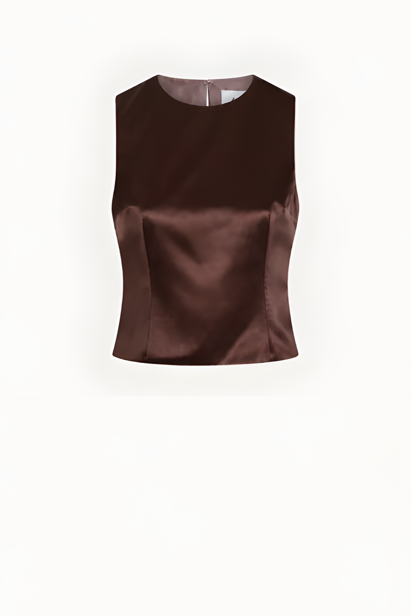 Alfie Nori Top in Chocolate, sleeveless crew-neck satin shell in deep brown, flat front view