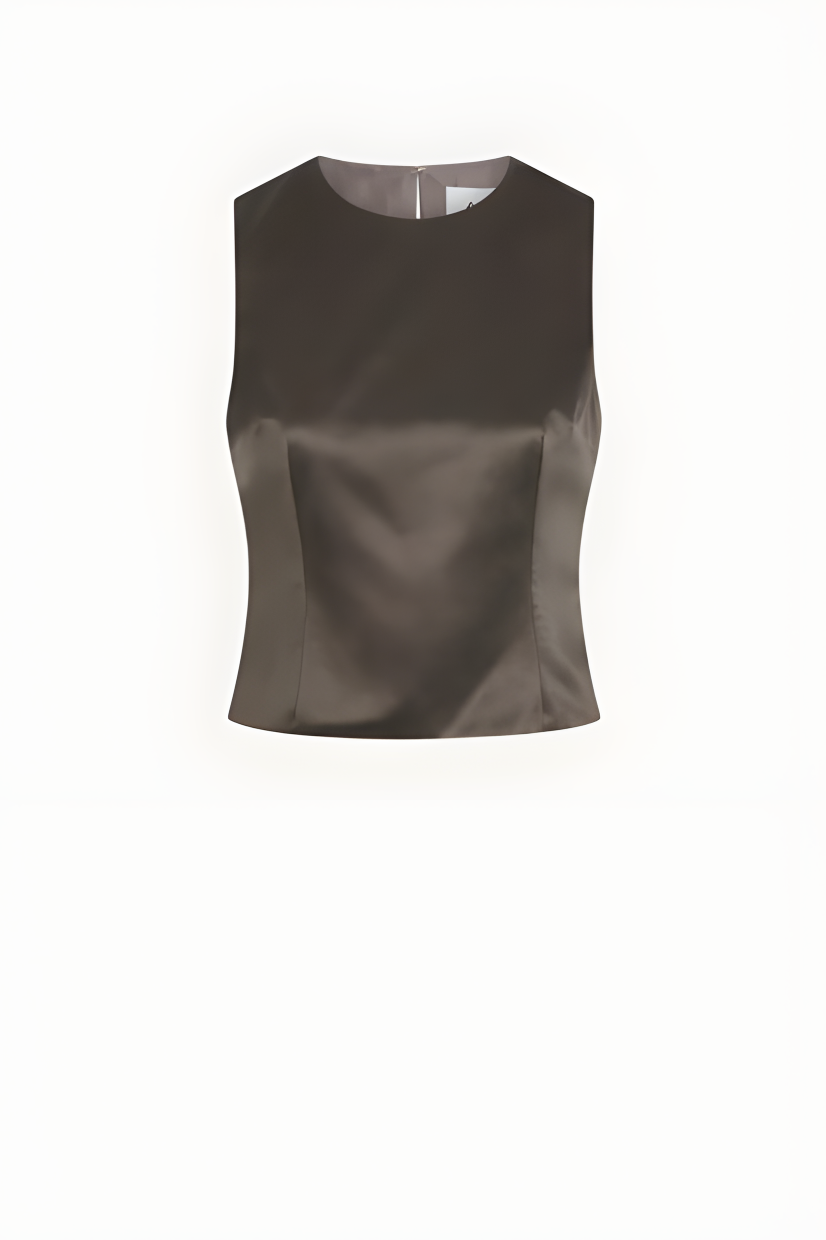 Alfie Nori Top in Dark Silver, sleeveless crew-neck satin shell in gunmetal grey, flat front view