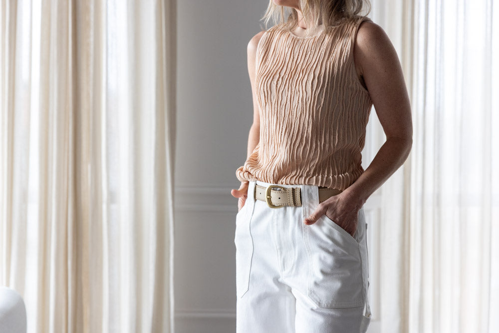 image of a woman wearing the Alysi Maglia Textured Knit Top and Seroya Angelique Pants