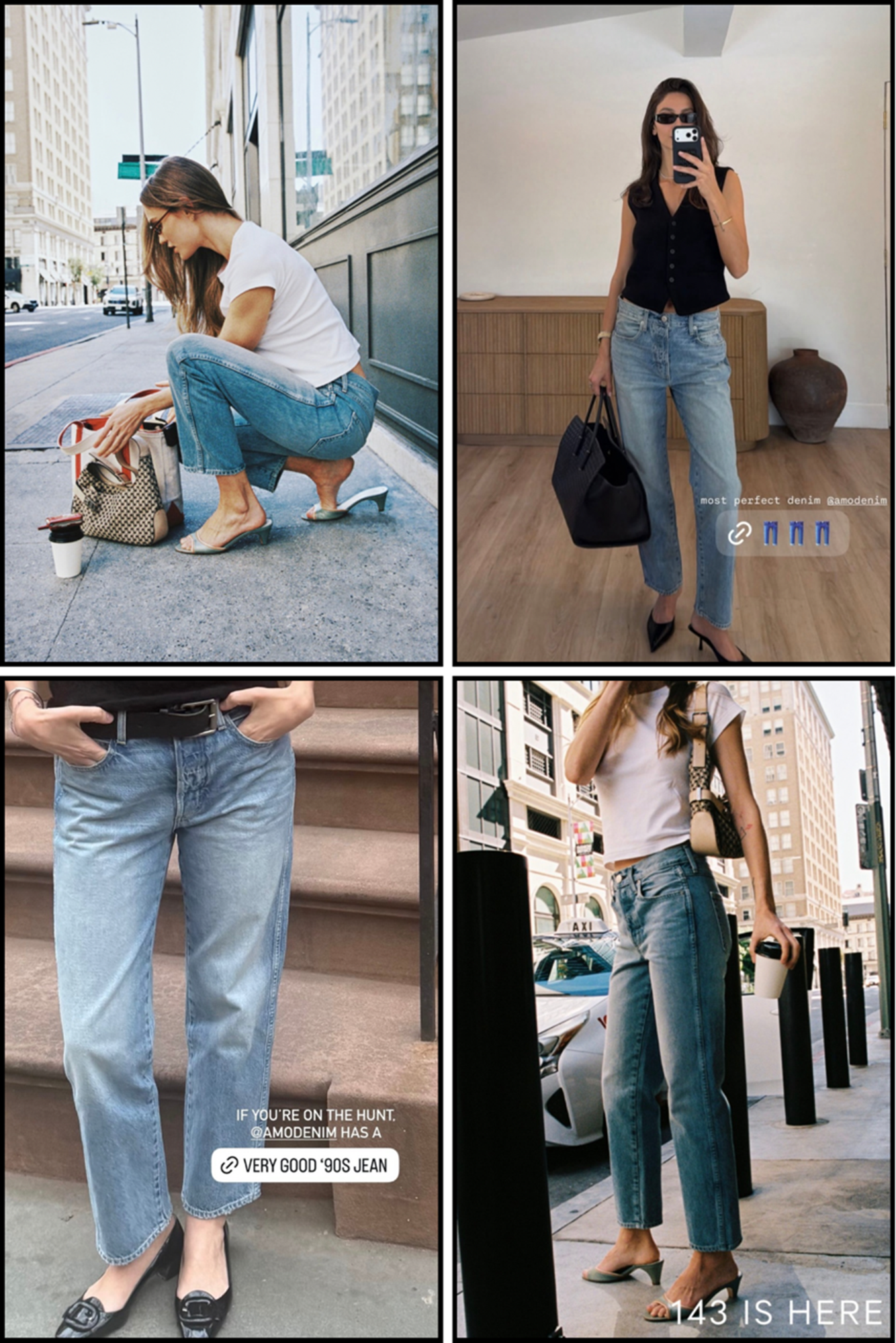Collage of the amo 143 jeans worn by women in various settings