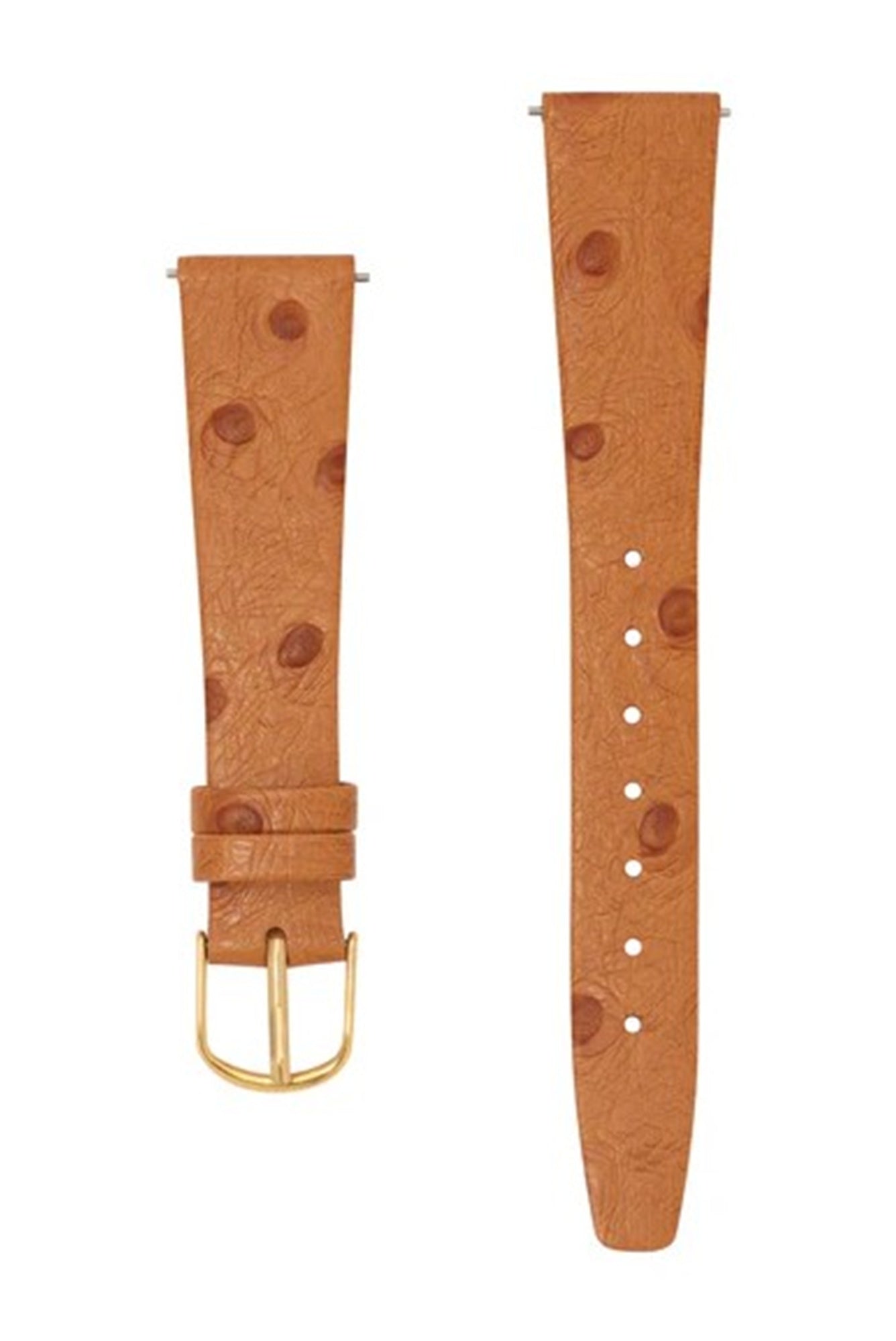 Brown leather watch strap with gold buckle on a white background