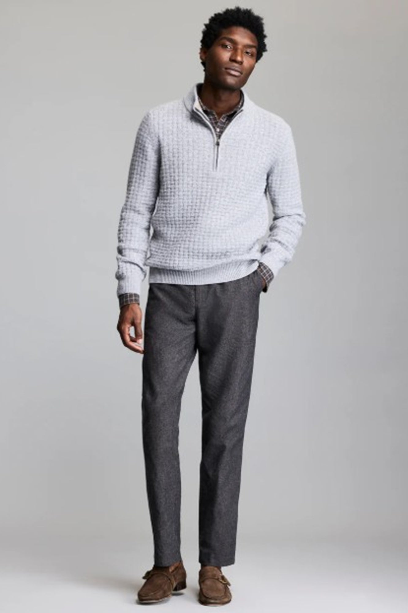 Billy Reid Basketweave Half Zip Sweater-Silver Melange