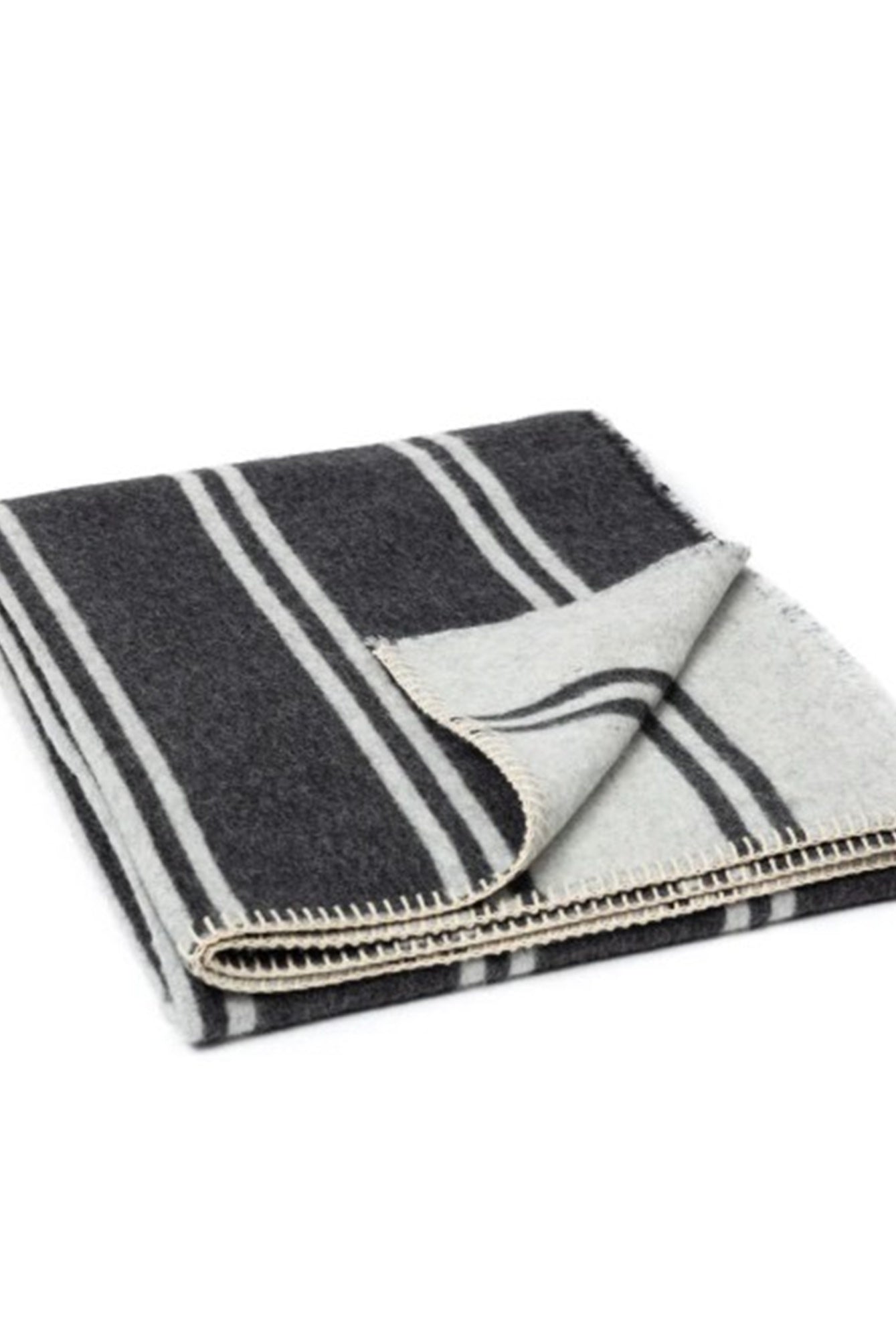 Folded black and white striped blanket on a white background