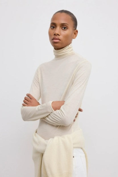 Dagmar Wool Jersey Rollneck Top, Cream White