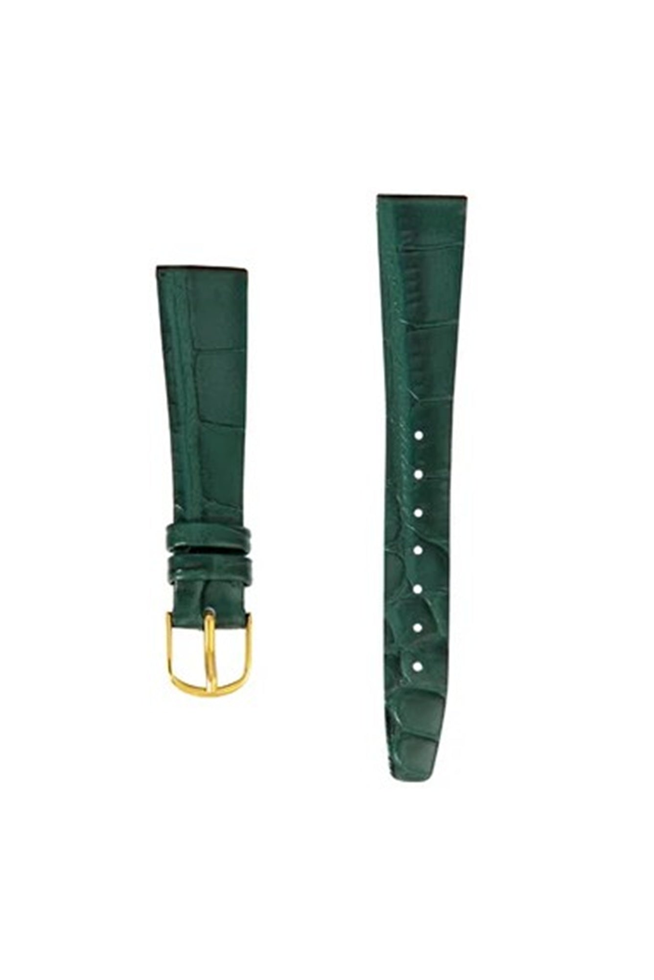 Green watch strap with gold buckle on a white background