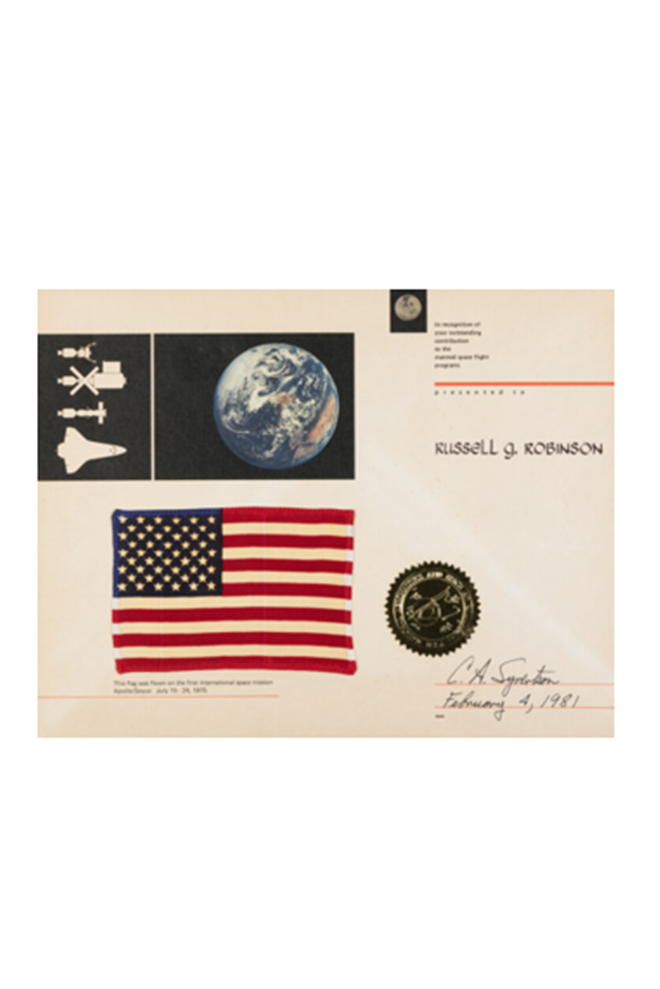 Flown American Flag of First International Space Mission 1975 with NASA COA