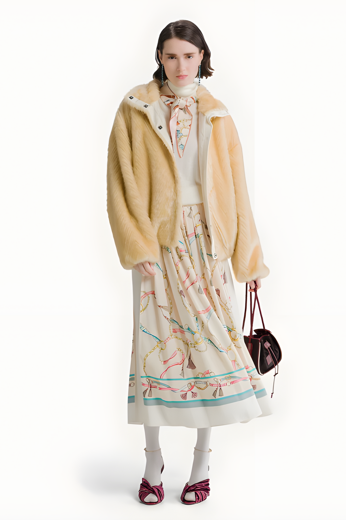 Model wearing the Forte Forte The Crown Print Viscose Twill Elasticated Skirt in Bianco with a camel shearling jacket and burgundy heels, full-length view