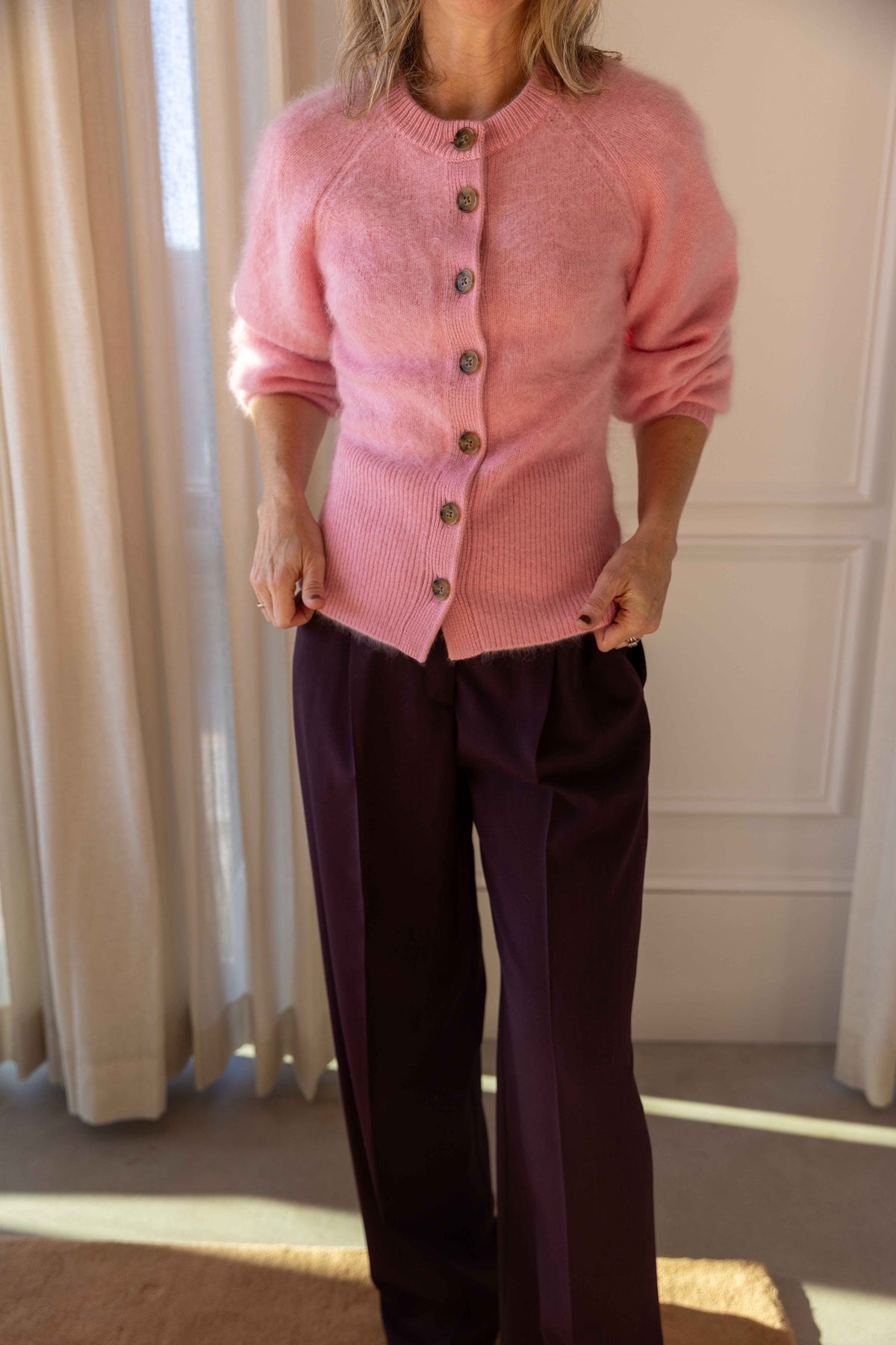 Guest in Residence Grizzly Sculpted Cardigan styled with Forte Forte Grain de Poudre High Waist Pants, view 4