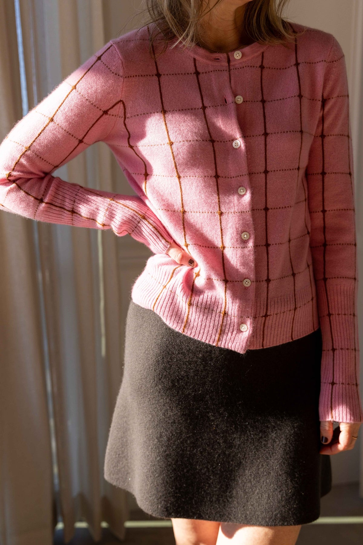 Guest in Residence Jane Checker Cardigan styled with a Lisa Yang skirt, view 2