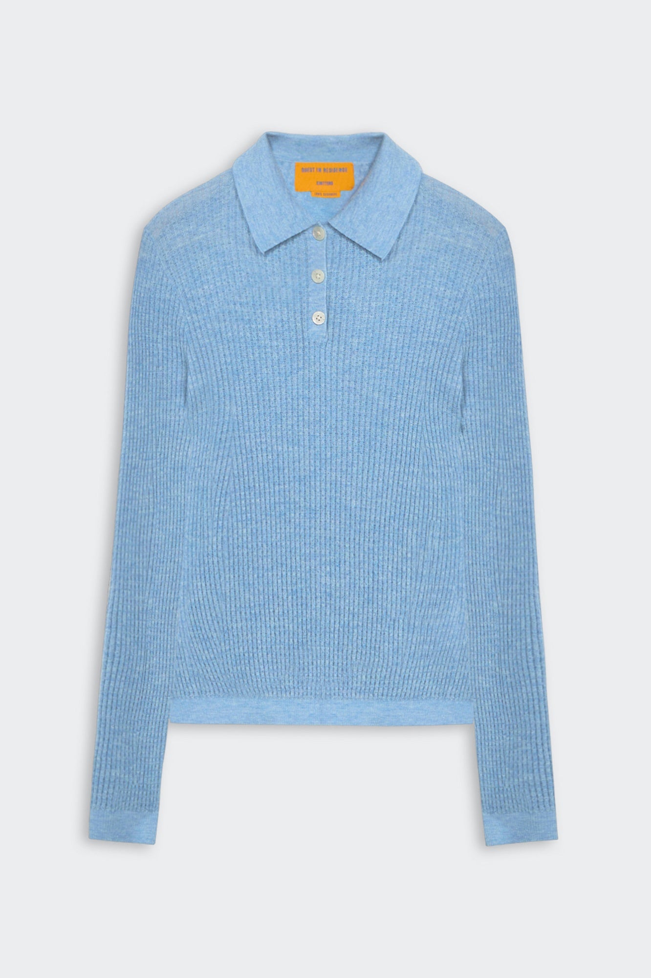 Light blue ribbed sweater with collar on a white background
