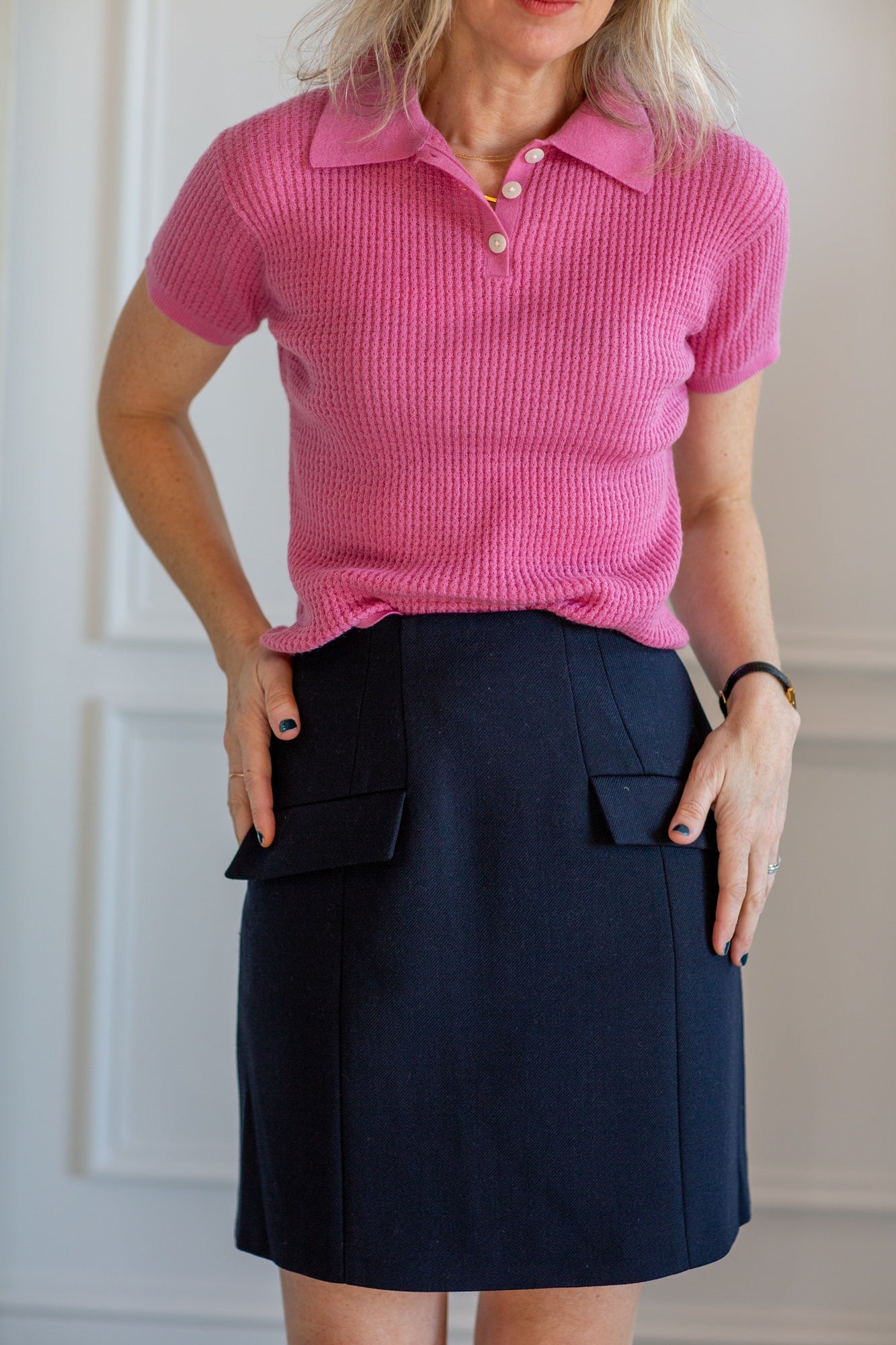 model wearing the guest in residence shrunken polo and herskind benjamin skirt