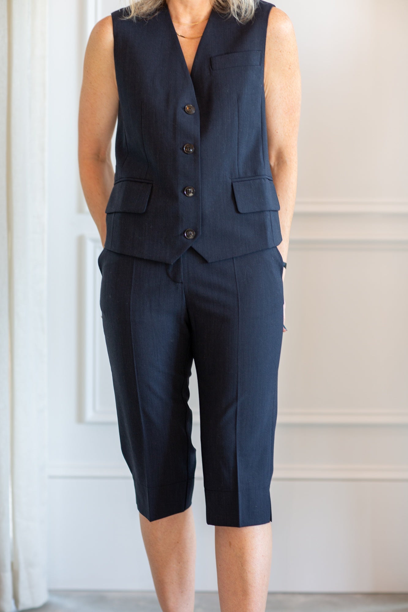 model wearing the Herskind Atlas vest and aliyah pants