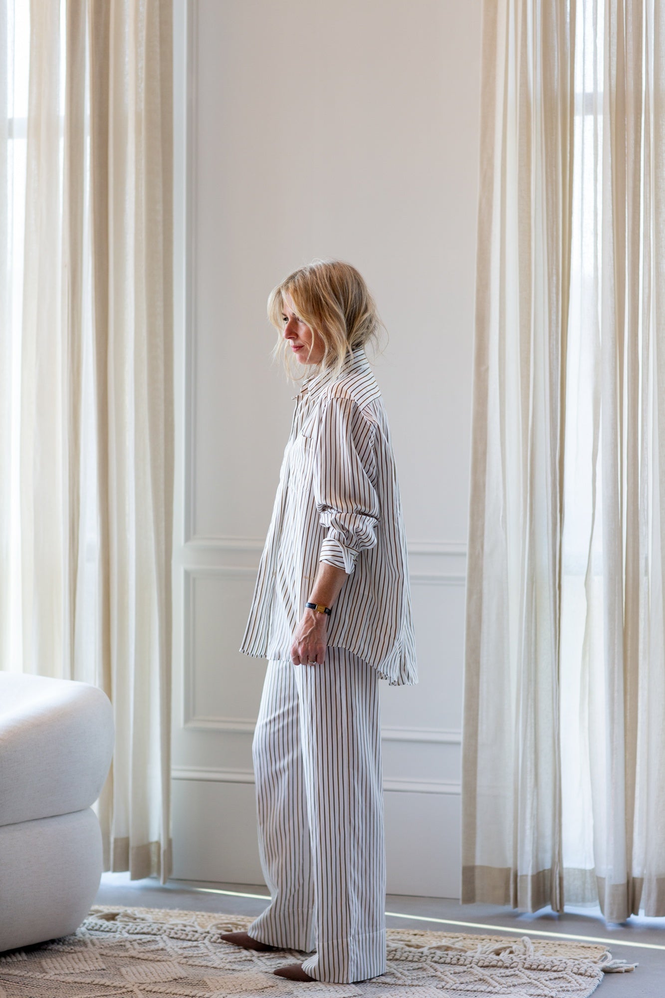 model wearing the house of dagmar fluid stripe relaxed trousers
