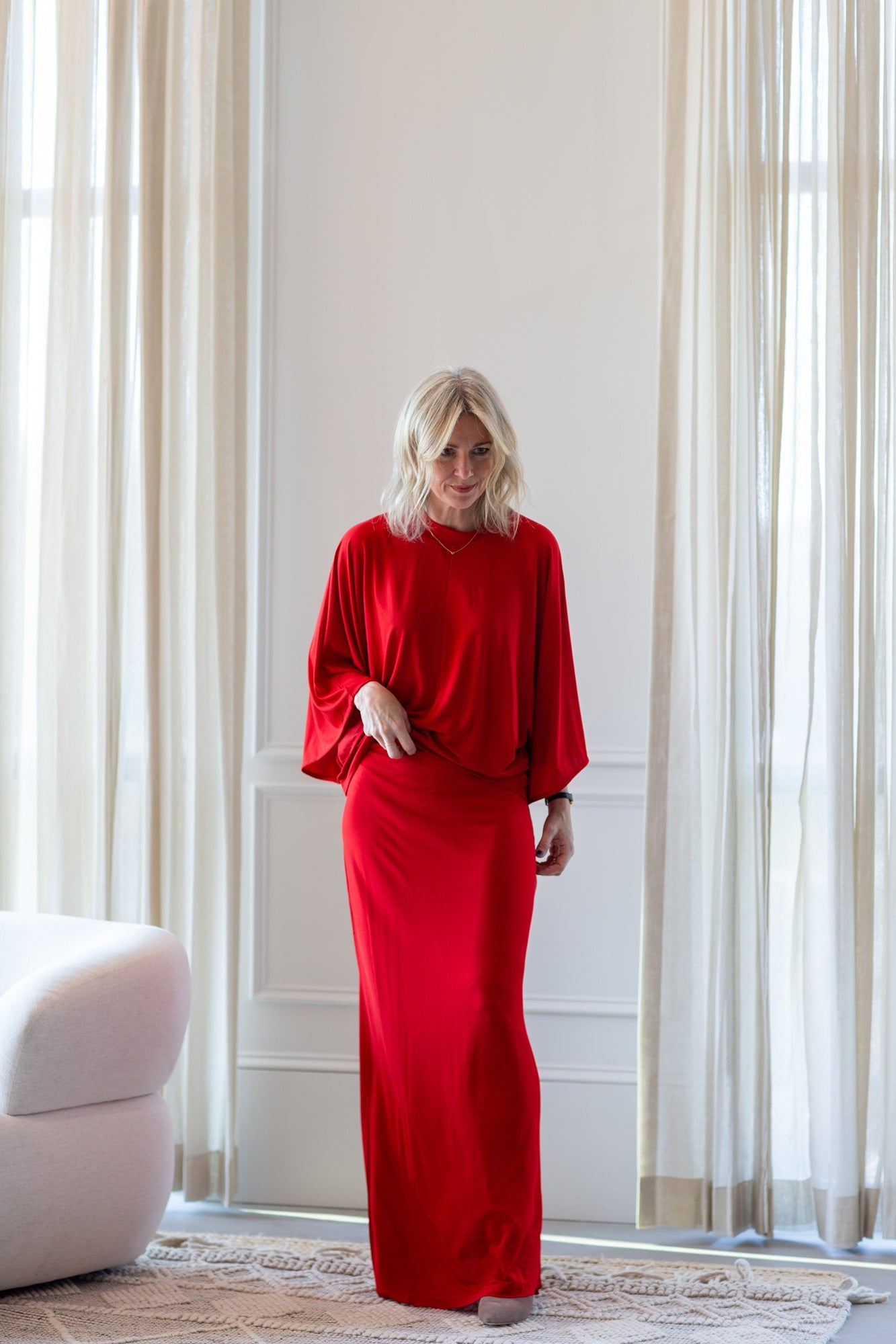 woman wearing the house of dagmar jersey kimono top and skirt