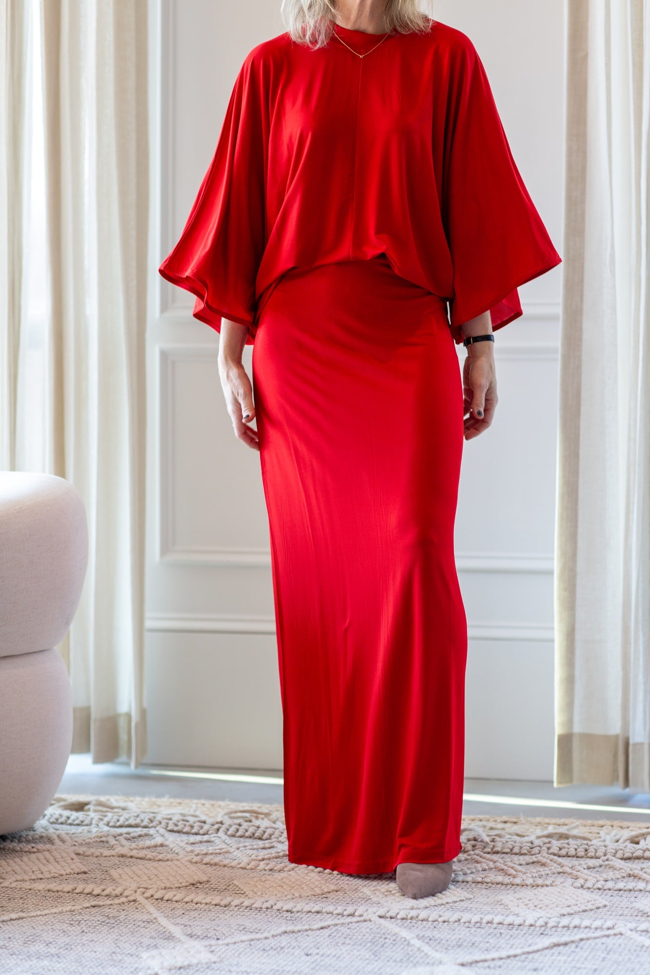 woman wearing the house of dagmar jersey kimono top and skirt