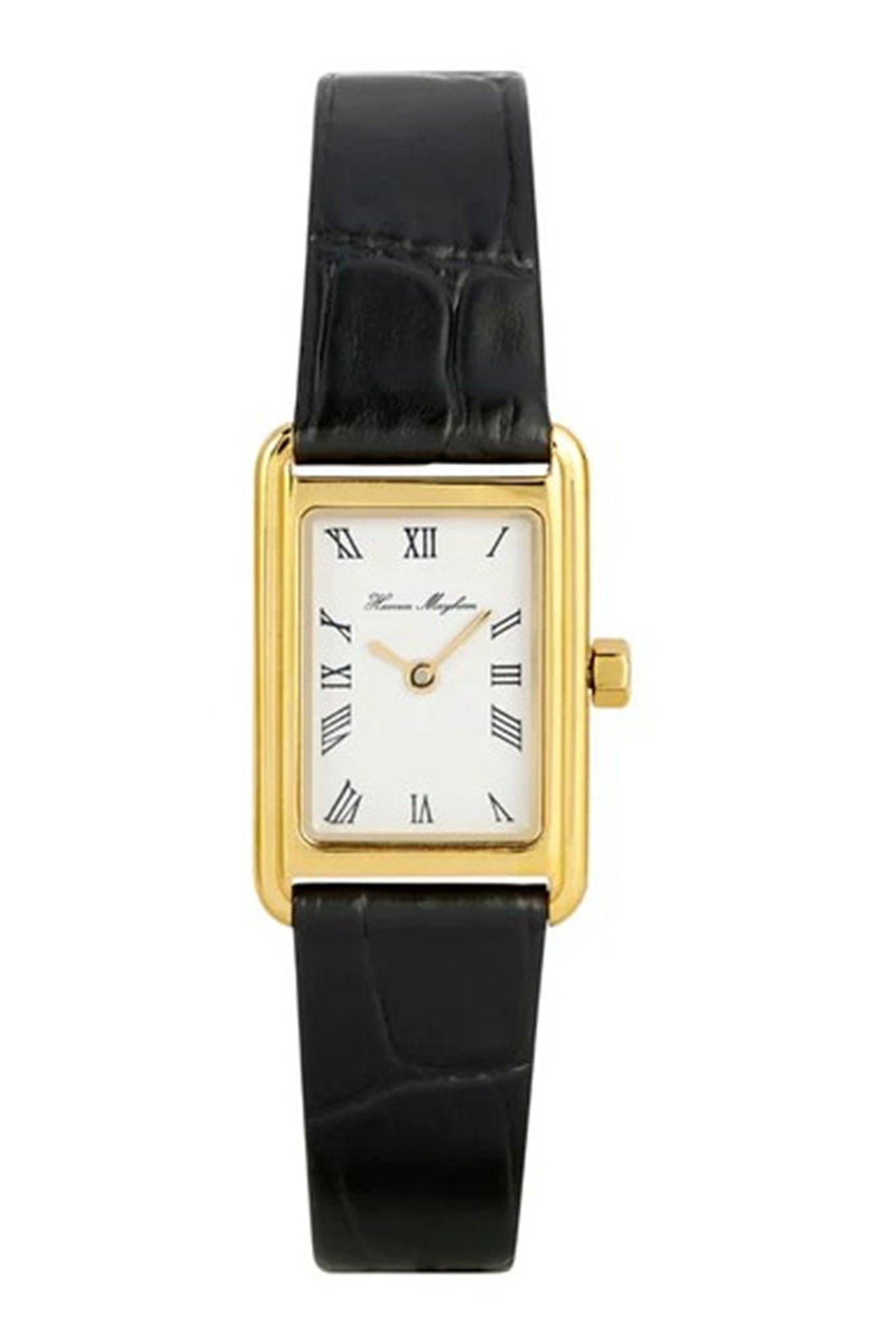 Gold watch with a black strap on a white background
