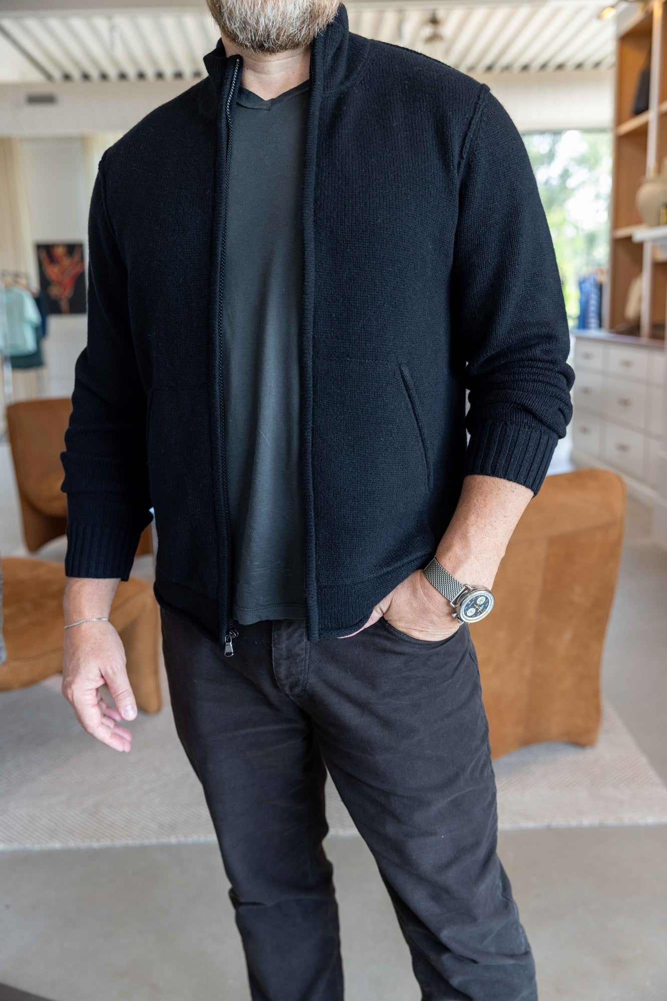 James Perse Recycled Cashmere Full Zip Sweater Black