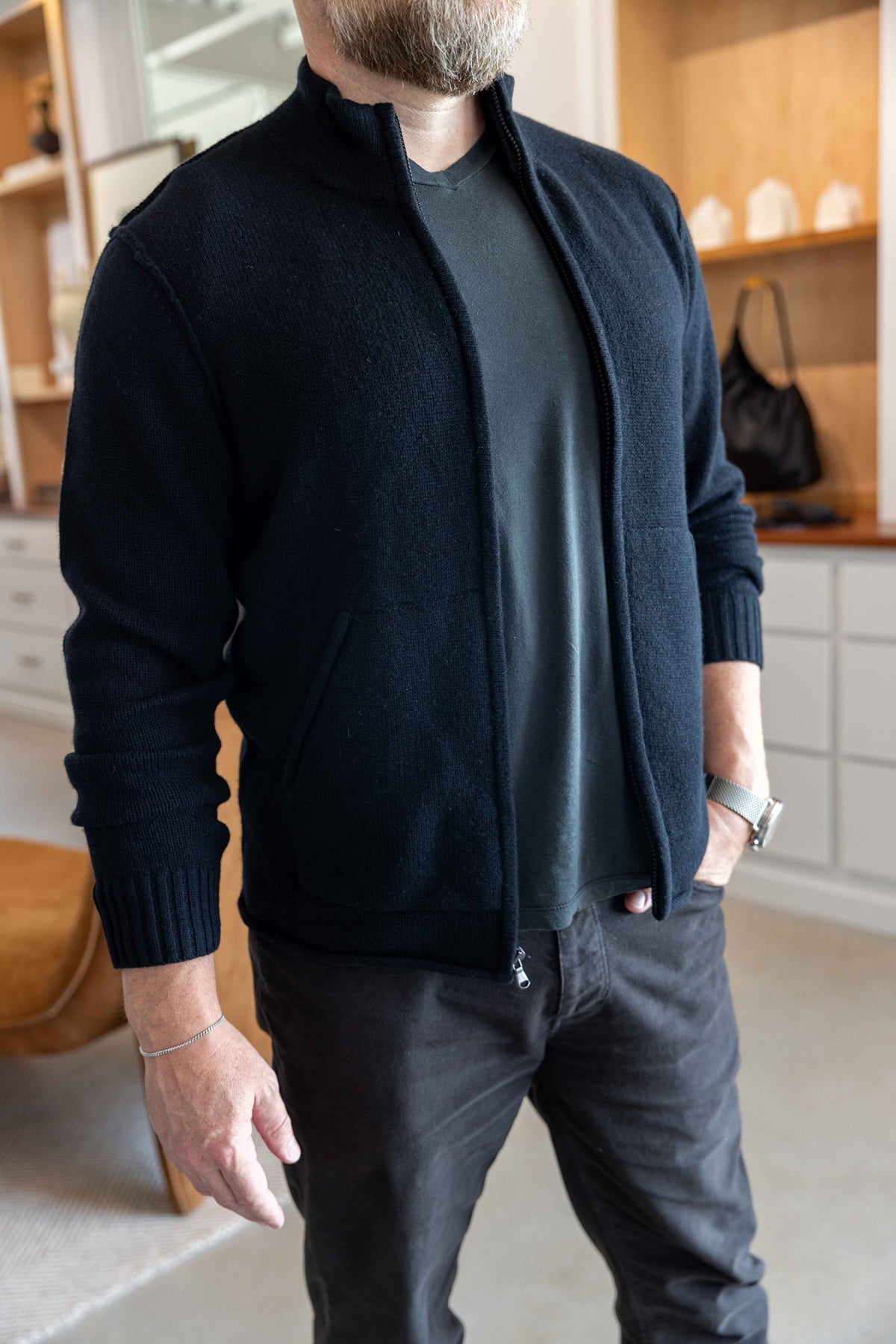 James Perse Recycled Cashmere Full Zip Sweater Black