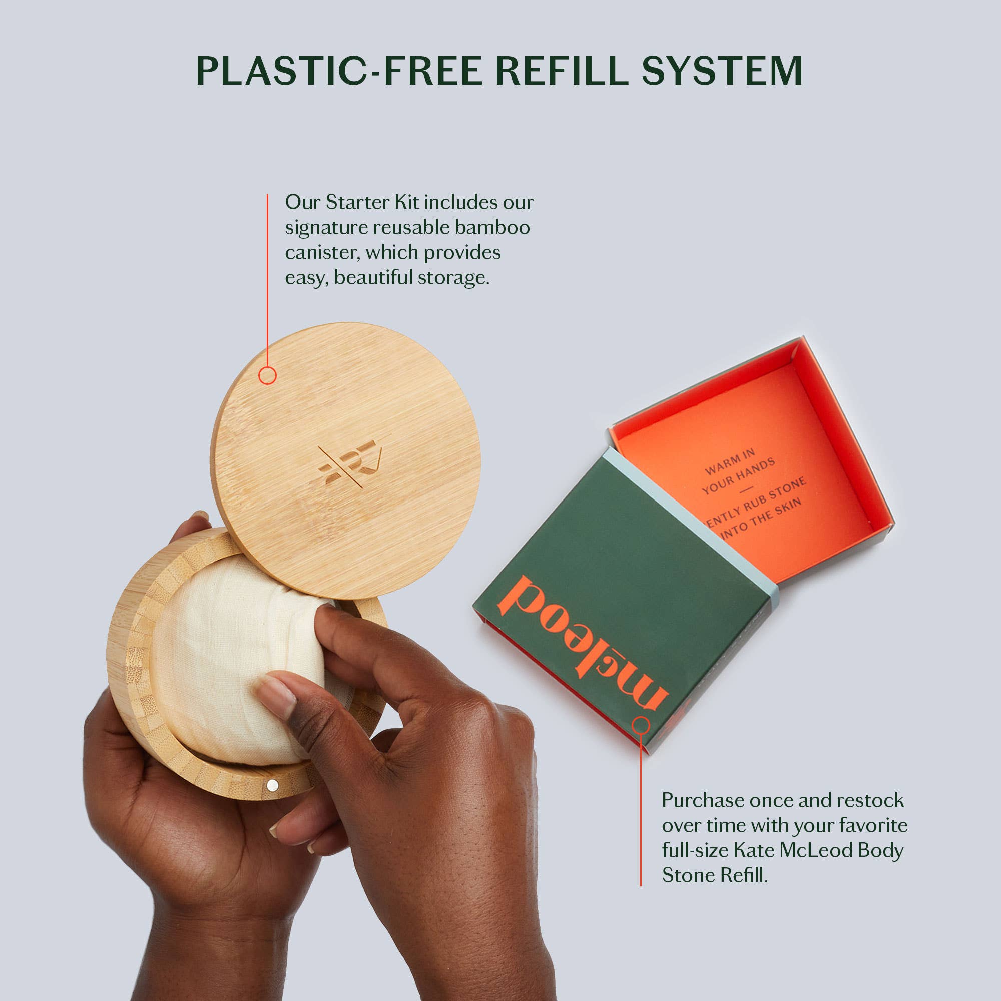 Hand holding a bamboo container with a white product inside, next to an open Poapu packaging box on a light gray background.