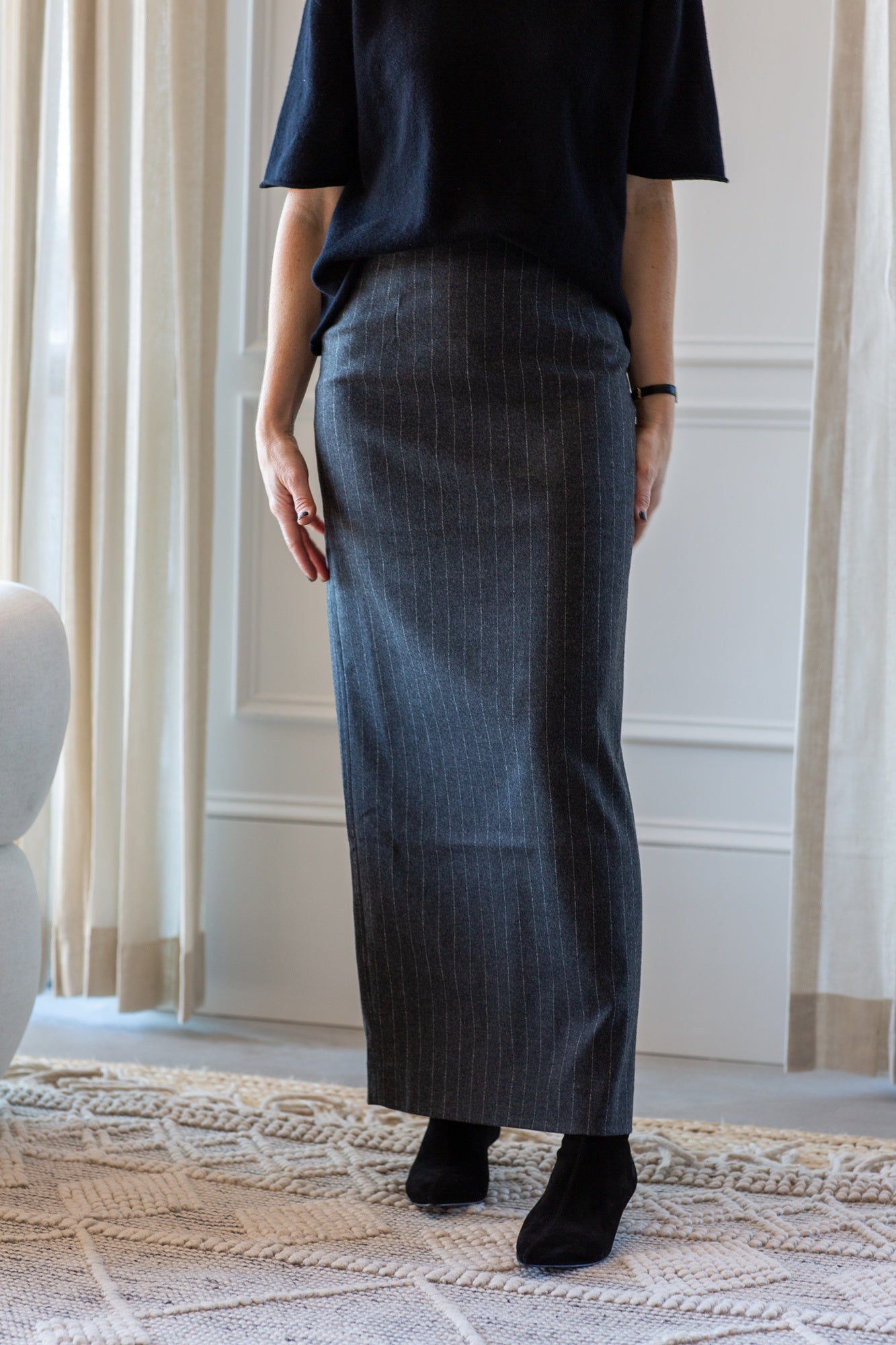 model wearing the house of dagmar pinstripe pencil skirt