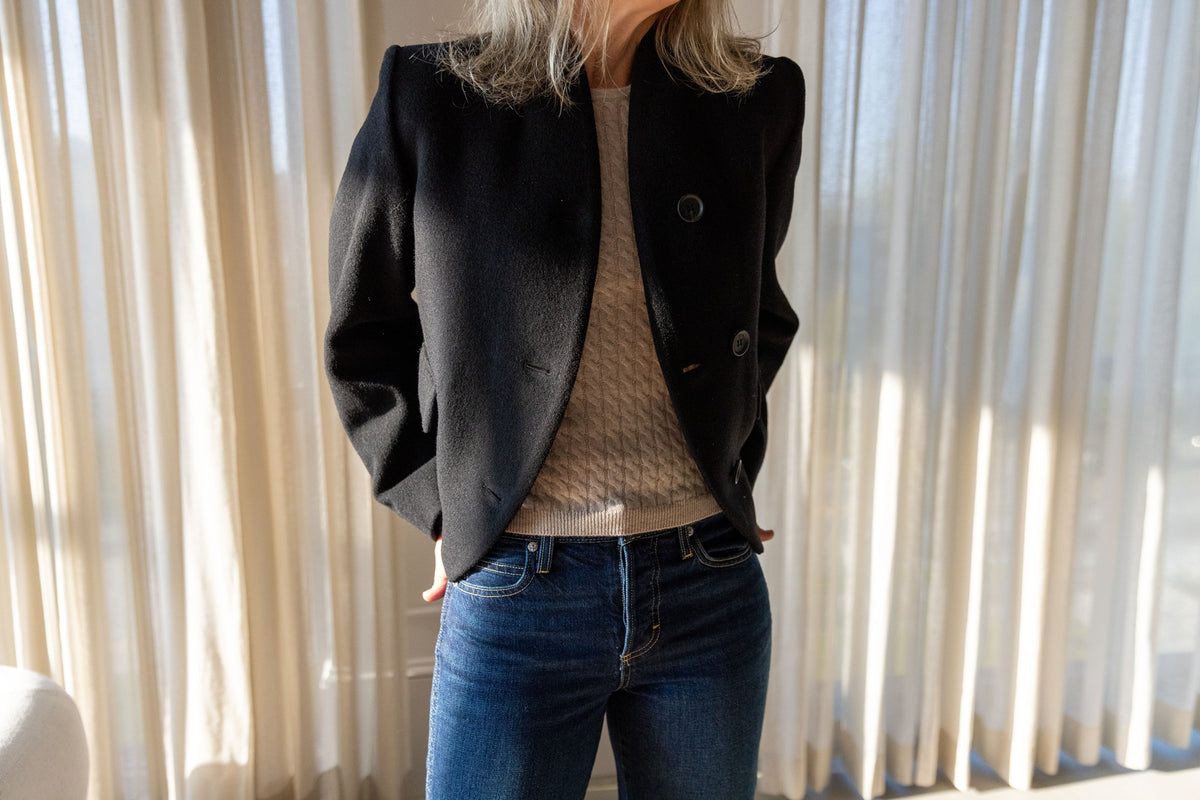Lisa Yang Iora Top with the Dagmar short curved jacket and AMO 143 jeans, three-quarter view