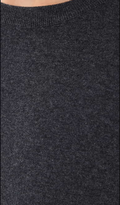 Close-up of a dark charcoal gray knit sweater showing the ribbed crew neck and fine fabric texture.