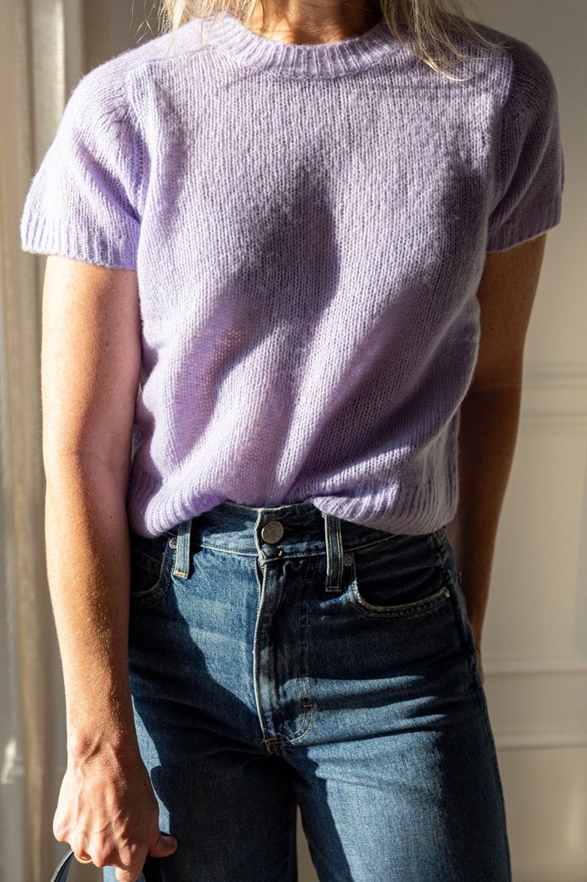 Lisa Yang Siona T-Shirt in soft lavender silk cashmere, open-weave crew neck, styled with AMO Frida jeans
